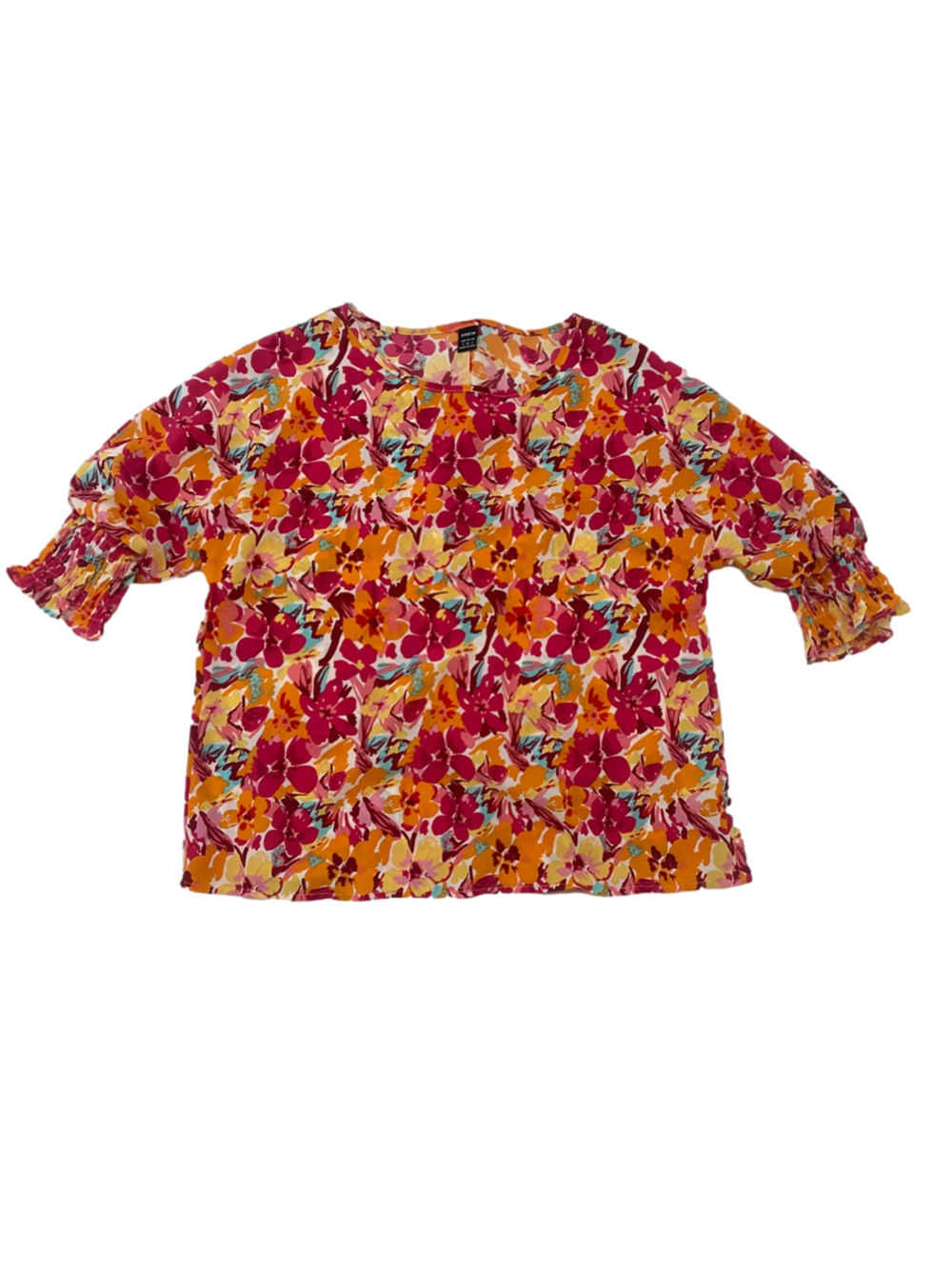 SHEIN Pink & Yellow Floral Ruffle-Sleeve Blouse, Size S, 100% Polyester - Picture 5 of 8